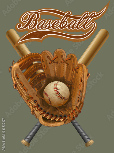 Old baseball bat with ball and weathered glove