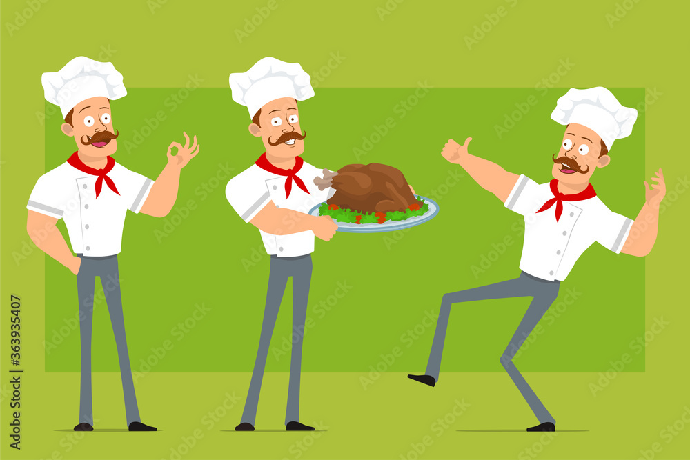 Cartoon flat strong chef cook man character in white uniform and baker hat. Boy holding fried chicken and showing thumbs up sign. Ready for animation. Isolated on olive background. Vector icon set. Cartoon flat strong chef cook man character in white uniform and baker hat. Boy holding fried chicken and showing thumbs up sign. Ready for animation. Isolated on olive background. Vector icon set.