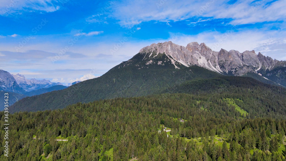 Alpin landscape with beautiful mountains in summertime, view from drone
