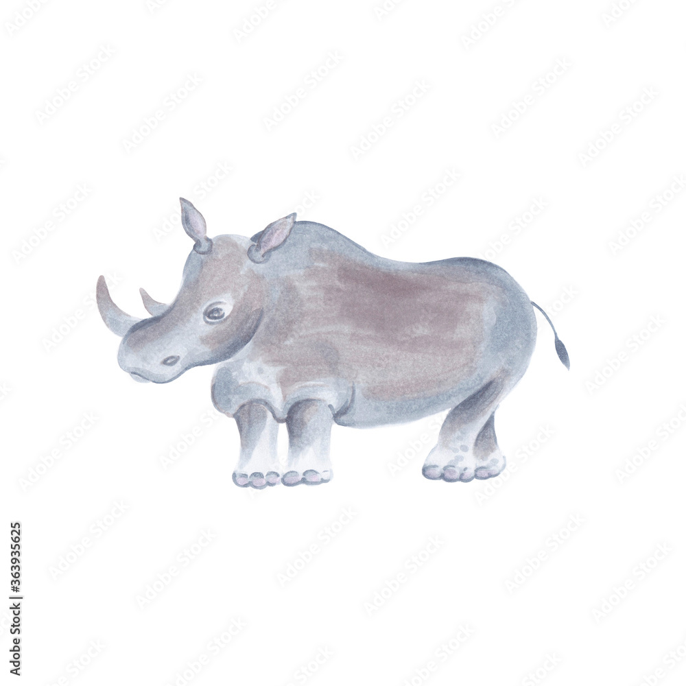 Watercolor marker cute realistic illustration of rhino.