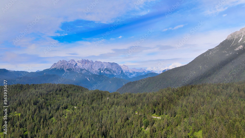 Fototapeta premium Alpin landscape with beautiful mountains in summertime, view from drone