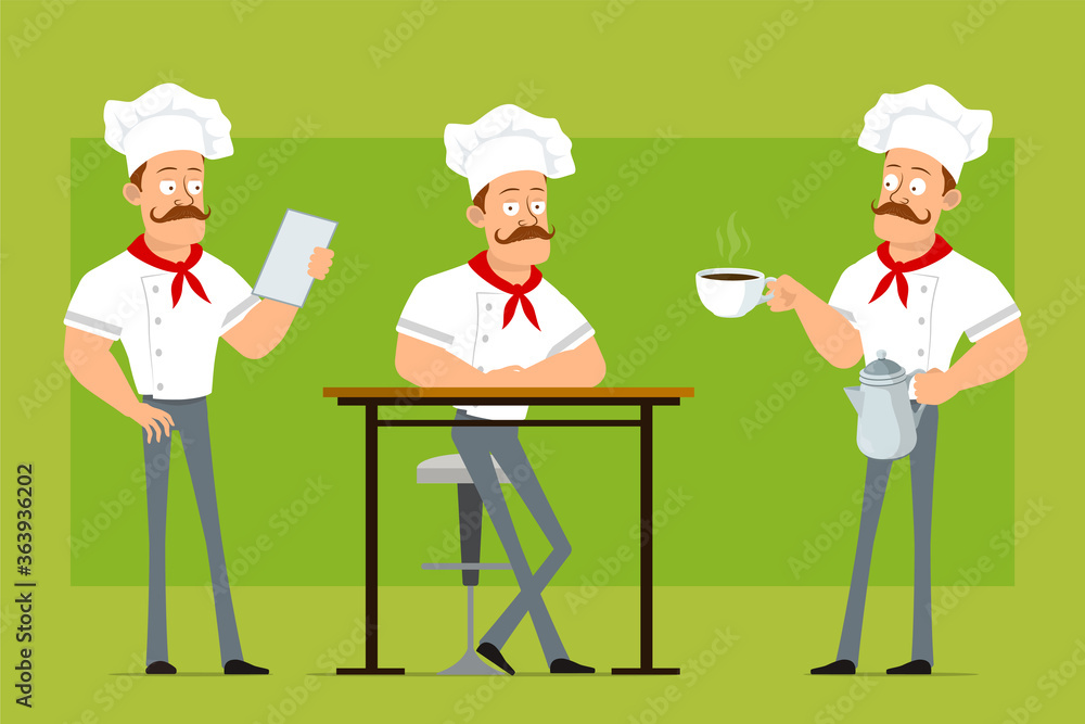 Cartoon flat funny strong chef cook man character in white uniform and baker hat. Boy coffee kettle pot and cup on dish. Ready for animation. Isolated on olive background. Vector icon set. Cartoon flat funny strong chef cook man character in white uniform and baker hat. Boy coffee kettle pot and cup on dish. Ready for animation. Isolated on olive background. Vector icon set.