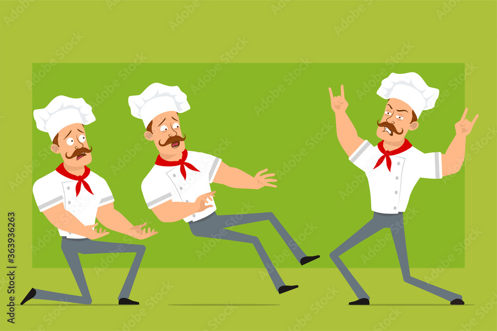 Cartoon flat funny strong chef cook man character in white uniform and baker hat. Boy falling down, showing rock and roll sign. Ready for animation. Isolated on olive background. Vector icon set. Cartoon flat funny strong chef cook man character in white uniform and baker hat. Boy falling down, showing rock and roll sign. Ready for animation. Isolated on olive background. Vector icon set.