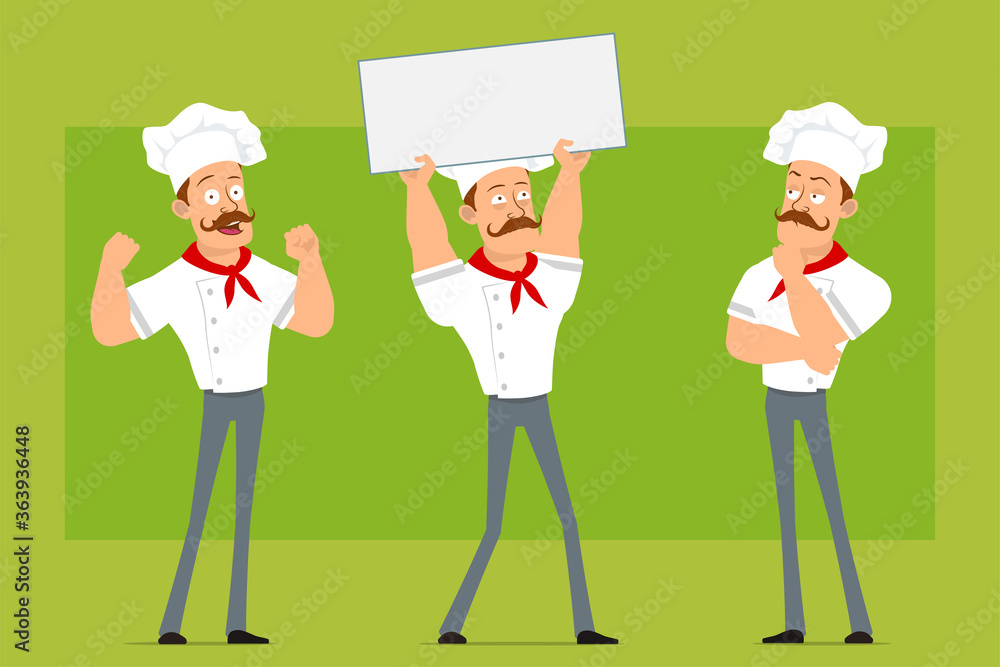 Cartoon flat funny strong chef cook man character in white uniform and baker hat. Boy holding blank sign and showing muscles. Ready for animation. Isolated on olive background. Vector icon set. Cartoon flat funny strong chef cook man character in white uniform and baker hat. Boy holding blank sign and showing muscles. Ready for animation. Isolated on olive background. Vector icon set.
