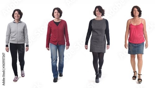 woman with various outfits walking on white background