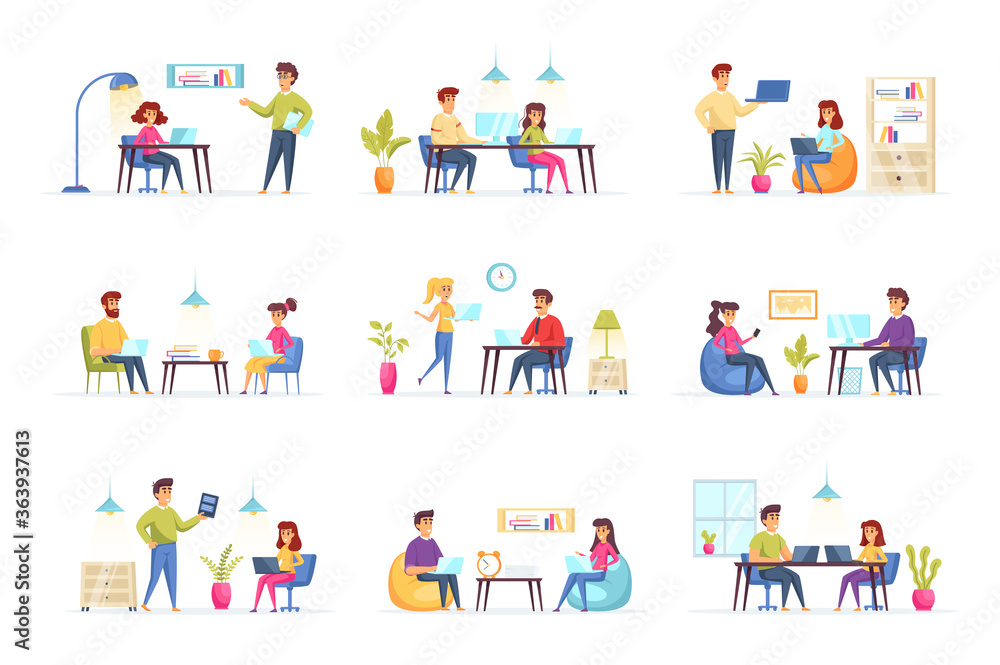 Coworking office bundle with people characters. Designers and developers communicate and working together in coworking space situations. Emploees and frelancers at workplace flat vector illustration