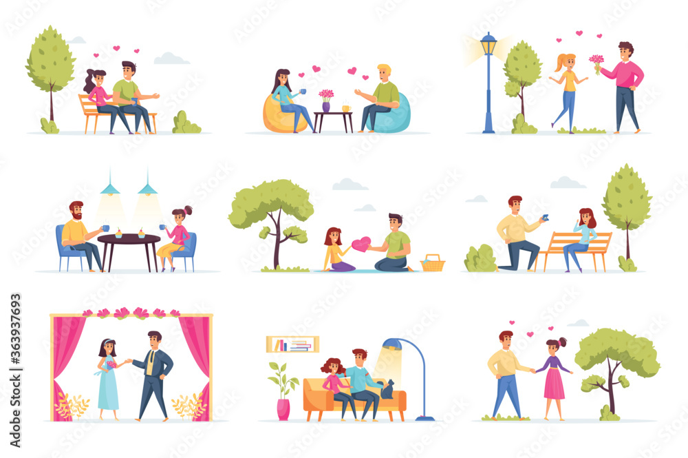 Fototapeta premium Love couple bundle with people characters. Happy couple having picnic in park, date in caffe, man proposing girl to marry, wedding ceremony situations. Romantic relationship flat vector illustration.