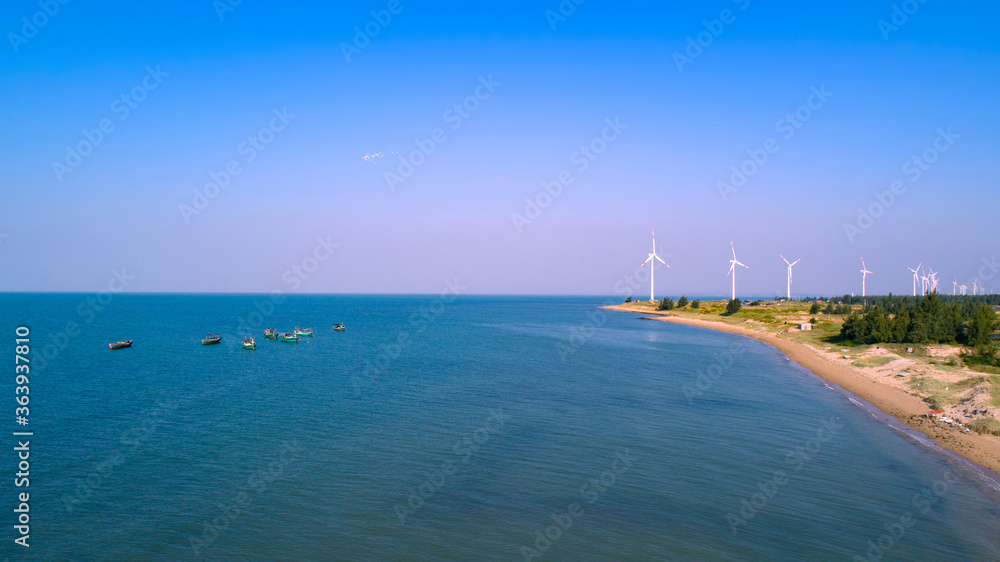 Aerial photos of wind power generation off the coast