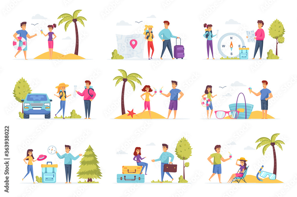 Travel vacation scenes bundle with people characters. Tourists hiking with backpacks, young couple relaxing on tropical beach situations. Summer holidays and activity flat vector illustration.
