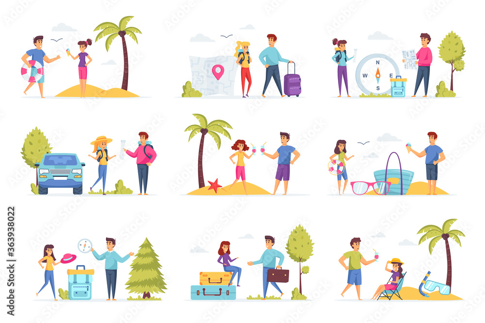 Travel vacation scenes bundle with people characters. Tourists hiking with backpacks, young couple relaxing on tropical beach situations. Summer holidays and activity flat vector illustration. Travel vacation scenes bundle with people characters. Tourists hiking with backpacks, young couple relaxing on tropical beach situations. Summer holidays and activity flat vector illustration.
