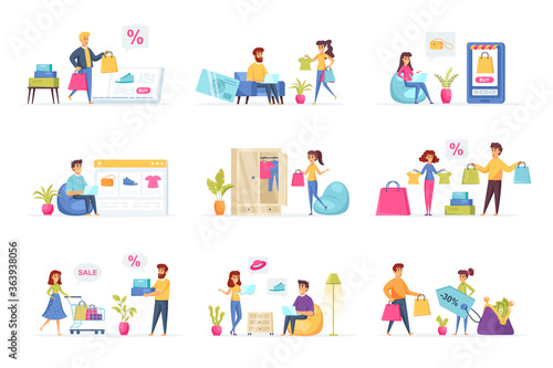 Shopping scenes bundle with people characters. People buy clothes  shoes and accessories  online order and delivery at home  discount marketplace situations. Internet shop flat vector illustration.