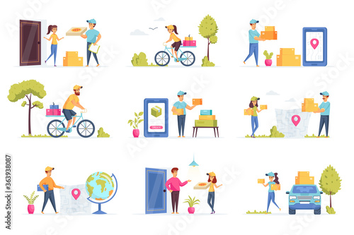 Delivery scenes bundle with people characters. Online pizza ordering, bicycle courier delivery at home, global shipping service and logistics situations. Express delivery flat vector illustration.