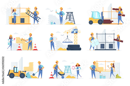 Builders scenes bundle with people characters. Engineer, painter, road worker and bricklayer working at construction site situations. Professional engineering and building flat vector illustration