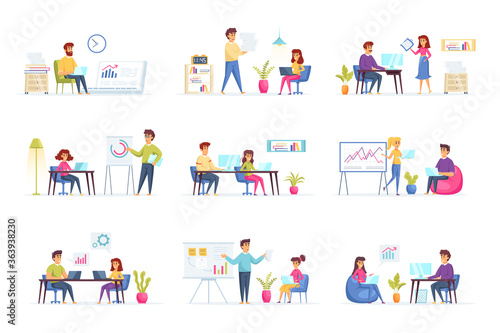 Office management scenes bundle with people characters. People working, collaborating and educating at workplace in office situations. Tasks management and work organization flat vector illustration.