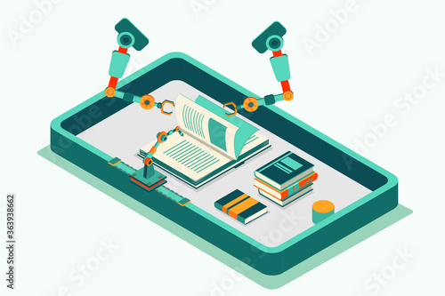 Flat isometric illustration isolated with robotic arm and book in telephone 3d. on white background .