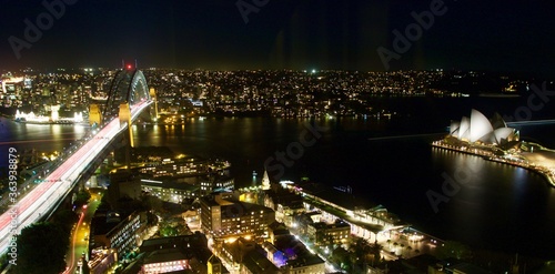 Aerial view of Harbour bridge and Sydney Opera House at night. Australia 