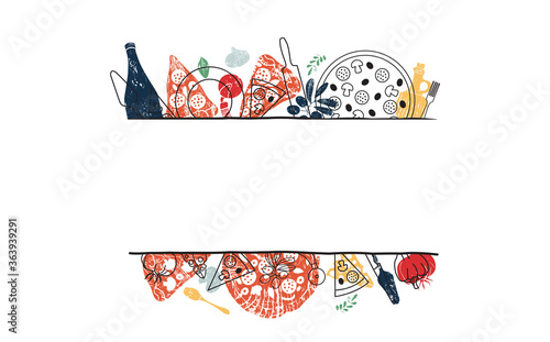 Vector  isolated  Pizza Frame. Logo for decoration and Covering on the Wall Background. Concept of Restaurant Sign. Menu for advertising and promotion.