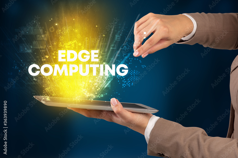 Obraz premium Close-up of a touchscreen with EDGE COMPUTING inscription, innovative technology concept