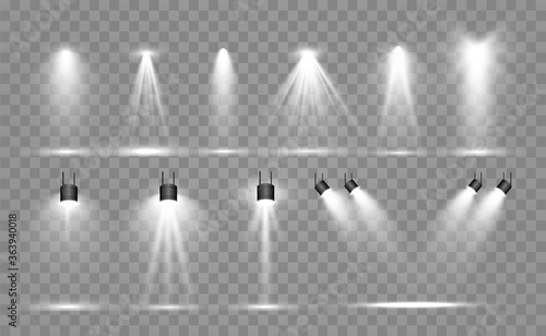 Searchlight collection for stage lighting  light transparent effects. Bright beautiful lighting with spotlights.