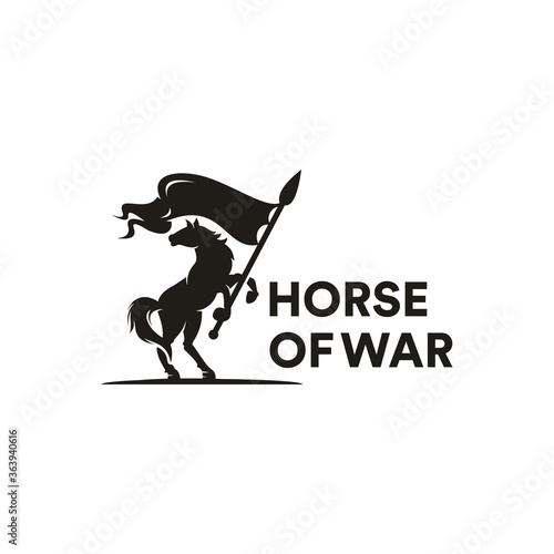 horse with a war flag creative icon  . Horse Warrior Paladin Medieval logo design