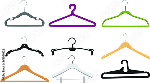 Fototapeta Naklejka Na Ścianę i Meble -  Set of Simple Vector Design of Hanger in Grey, Purple, Green, Black, Brown and White