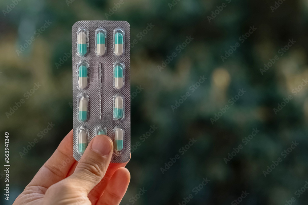 pack of pills in hand with blurred green trees in the background. / White and blue capsule pills pack of pills in hand with blurred green trees in the background. / White and blue capsule pills