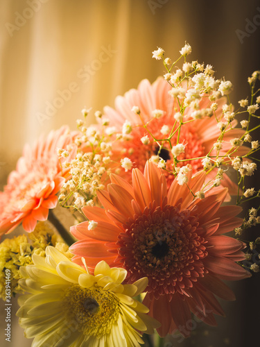 Yellow and pink gerbera daisy bouquet near a window, vertical. Moody autumn color tone