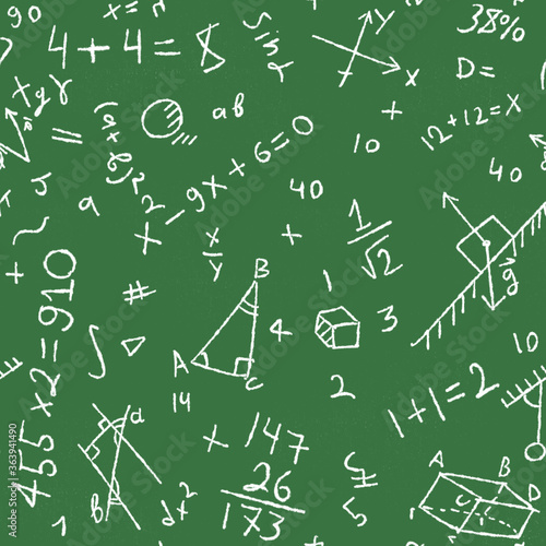 Pattern  school green board  geometric and algebraic formulas  imitation of chalk.