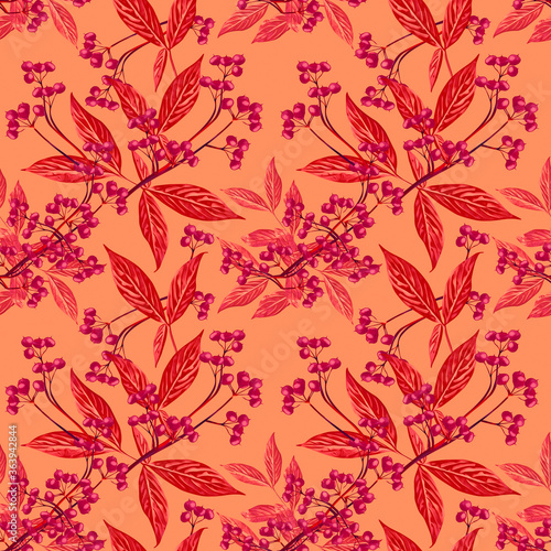 Leaves and berries  watercolor art  seamless pattern.