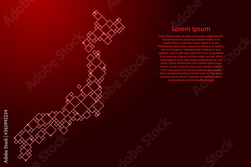 Japan map from red pattern from a grid of squares of different sizes and glowing space stars. Vector illustration.