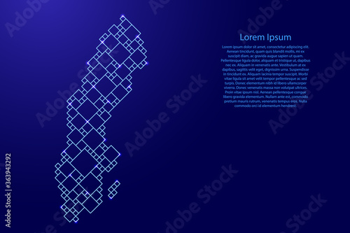 Sweden map from blue pattern from a grid of squares of different sizes and glowing space stars. Vector illustration.