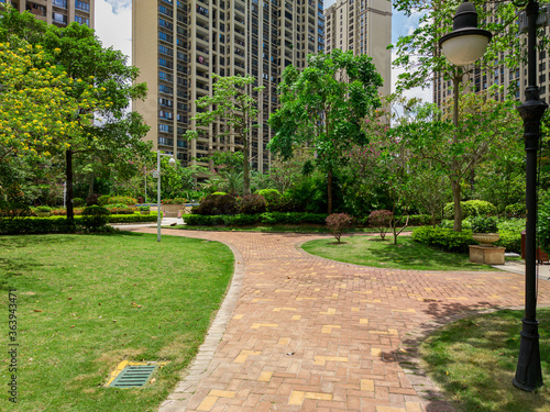 Recreational grass and sidewalks in a residential park