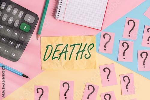 Writing note showing Deaths. Business concept for permanent cessation of all vital signs, instance of dying individual Mathematics stuff and writing equipment above pastel colours background photo