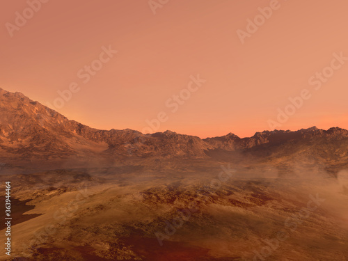 Mars red rocky terrain and fog