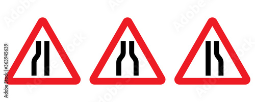 Road narrows traffic sign. Set of warning road signs informs narrowing of the road on left, right and both sides.