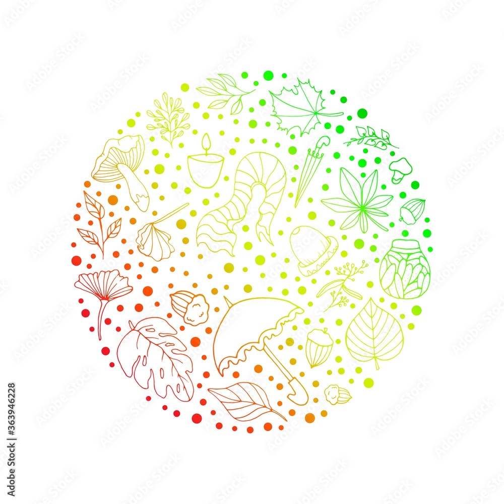 Autumn set with leaves, umbrella, branches. Autumn. Set with autumn elements for postcards, notebooks, banners, albums. Set in the style of doodling. Design of postcards with autumn items. Autumn set with leaves, umbrella, branches. Autumn. Set with autumn elements for postcards, notebooks, banners, albums. Set in the style of doodling. Design of postcards with autumn items.