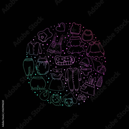 Clothes.Vector isolated illustration with booties, sweatshirts, dresses, shorts, hats, children's bags, toys. Black background.  Doodle style. Vector file.  