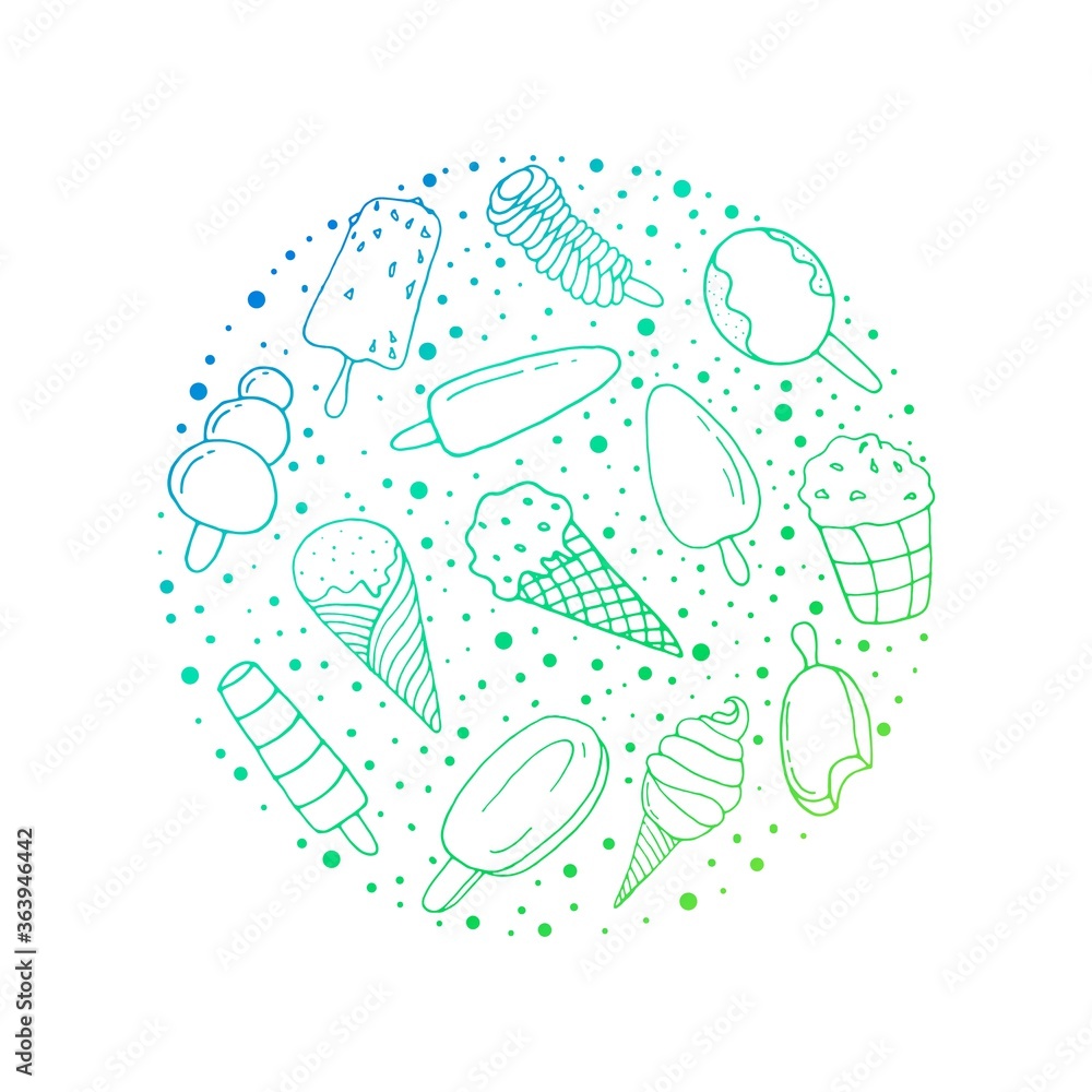 Ice cream. Printing on dishes, fabrics, clothing. Vector isolated illustration with ice cream, fruit. Doodle style. Different types of ice cream. Waffle ice cream on a white background.