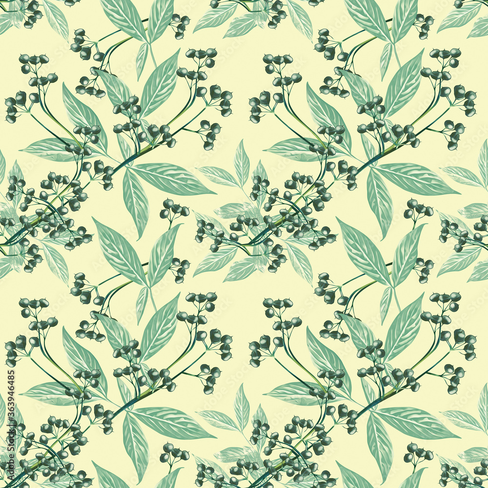 Leaves and berries, watercolor art, seamless pattern. Leaves and berries, watercolor art, seamless pattern.