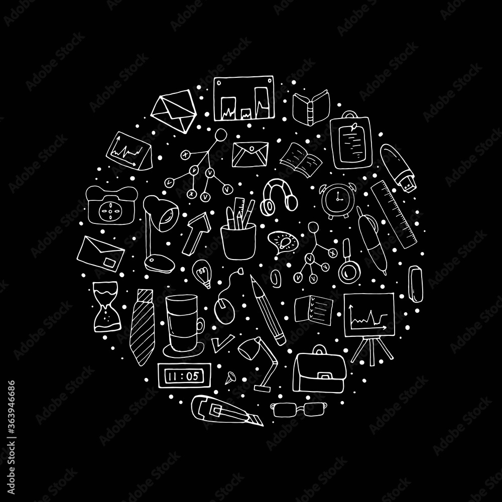  Work at home. Individual elements in the office. Doodle style.  Vector isolated illustration with work environment elements on a white background. Freelance work.