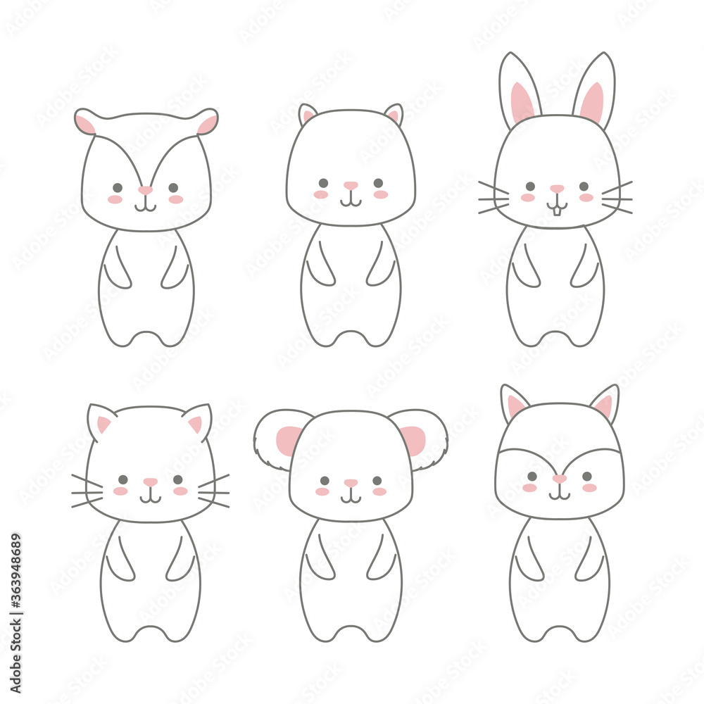 set of icons animals baby kawaii on white background set of icons animals baby kawaii on white background