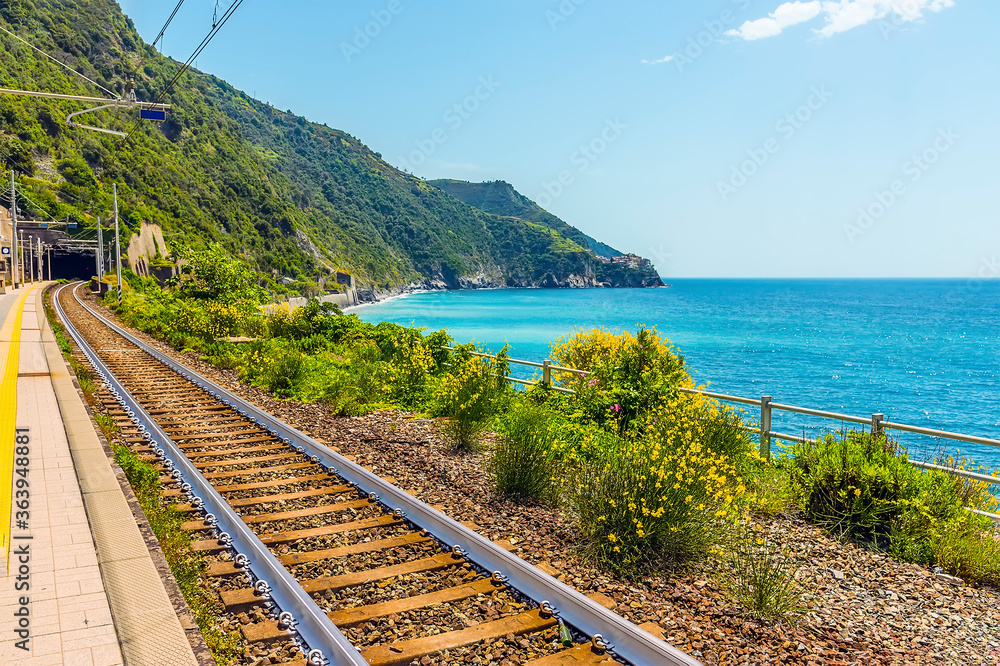A view along the platform on the station at Corniglia, Italy in the summertime