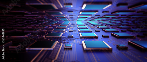 Printed circuit board futuristic server/Circuit board futuristic server code processing. Orange,  green, blue technology background with bokeh. 3D Rendering