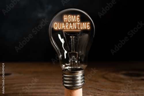Conceptual hand writing showing Home Quarantine. Concept meaning Encountered a possible exposure from the public for observation Realistic colored vintage light bulbs, idea sign solution photo