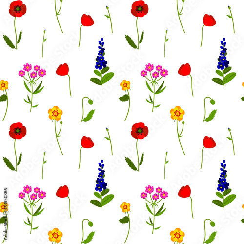 Meadow wildflowers colorful seamless pattern. Summer design with poppy, lavender, buttercup for textile, fabric, wrapping paper, prints. Vector illustration