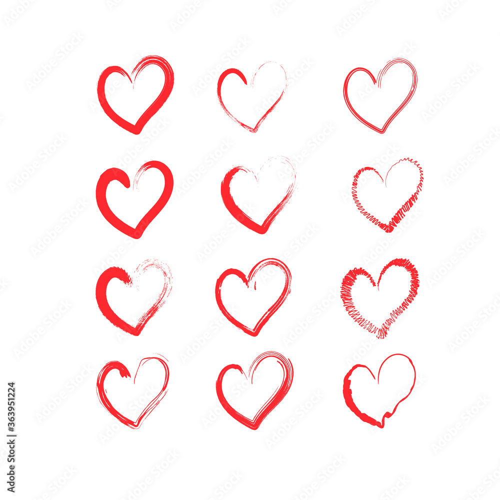 Set of vector drawings of handmade hearts on a white isolated background, flat. Romantic background, symbol, wrapping, gifts, holiday, greeting card, decoration. Set of vector drawings of handmade hearts on a white isolated background, flat. Romantic background, symbol, wrapping, gifts, holiday, greeting card, decoration.