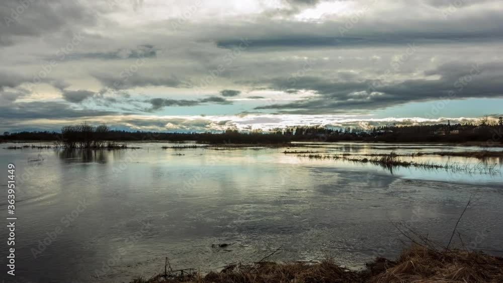 Spring landscape with moving ice floes and clouds, 4k timelapse footage Spring landscape with moving ice floes and clouds, 4k timelapse footage