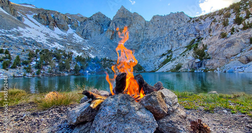 A secluded lake-side campfire after a long day of backpacking through Kearsarge Pass in the John Muir Wilderness.  photo