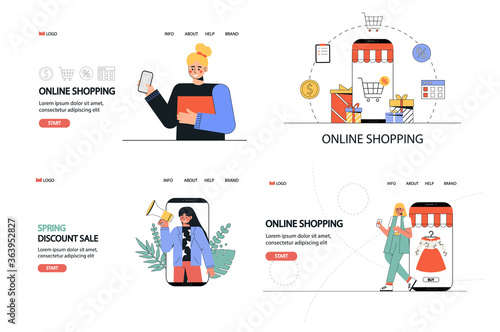 Concept online shopping, people buy from mobile app. Illustration for banner, landing page, mobile app, web design. Online shopping discount offers. Flat style vector.