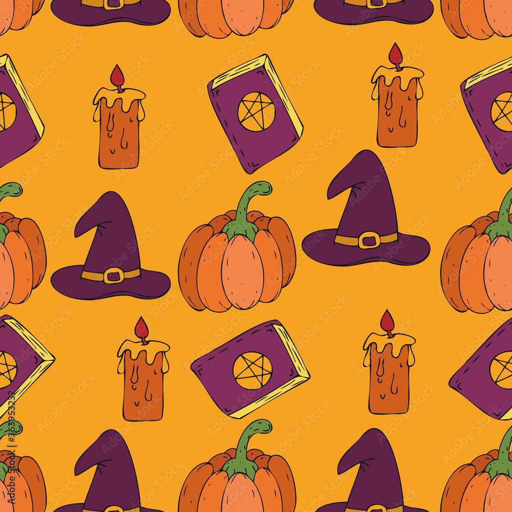 Fototapeta premium pumpkin, witch hat, witch book and candle on an orange background, vector seamless pattern for halloween celebration in doodle style, color illustration